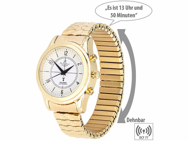 St. Leonhard Armbanduhr: Sprechende Seniorenuhr mit Funk, filigranes Ziffernblatt, vergoldet